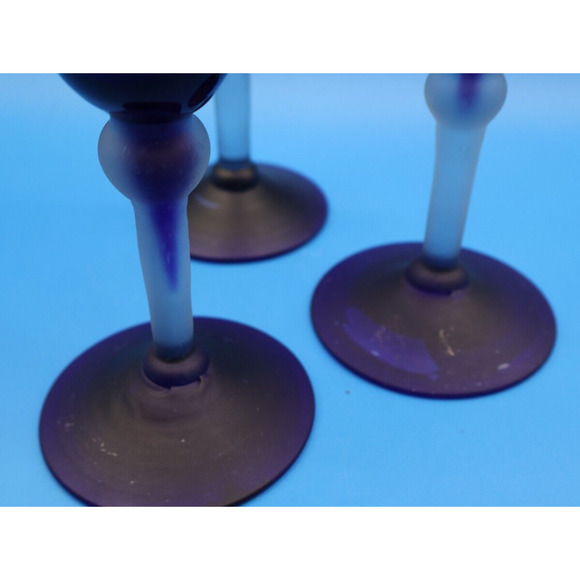 Set Of 3 Cobalt Blue Fluted Glass with Flat Rim Frosted Stem Art Decor. - Picture 5 of 11